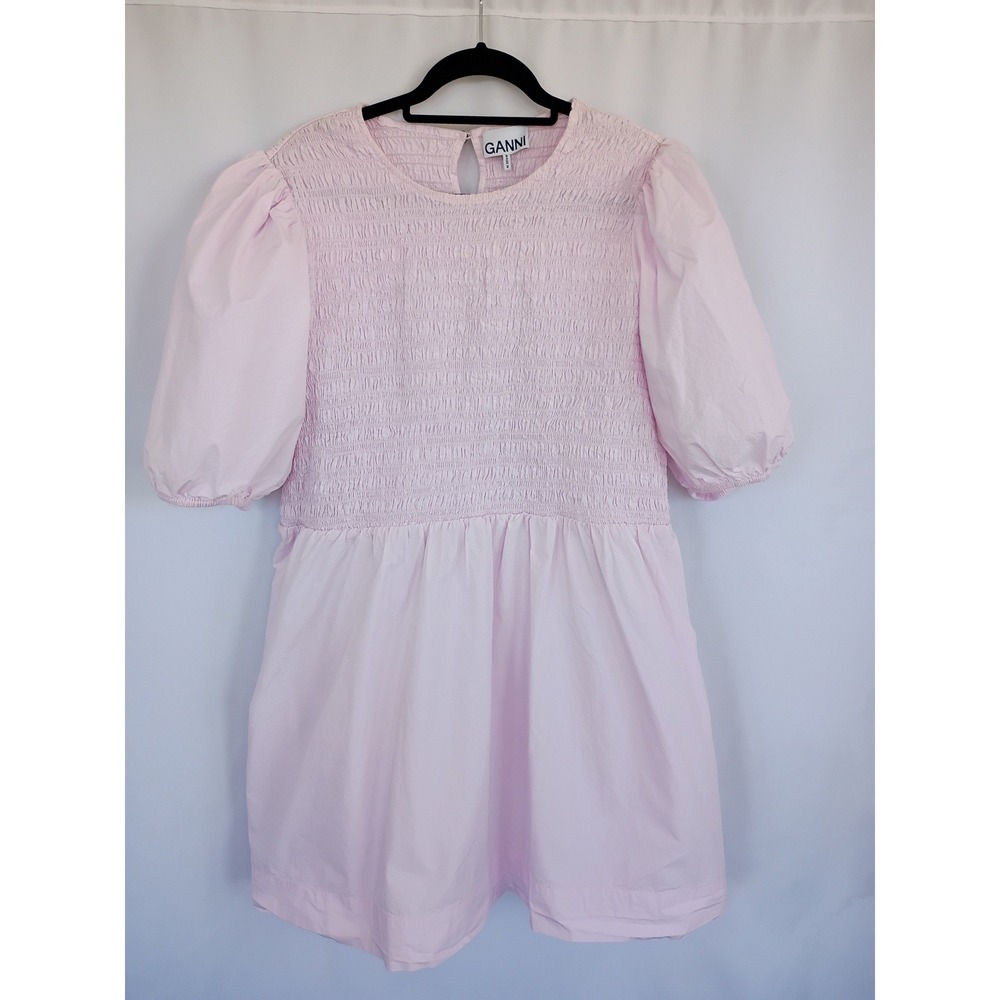 Ganni Light Pink Smocked Cotton‎ Poplin Puff Sleeve Mini Dress Size 20